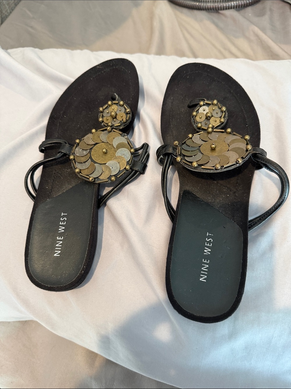 Nine West Black Sandal with Gold Sequin Medallions
